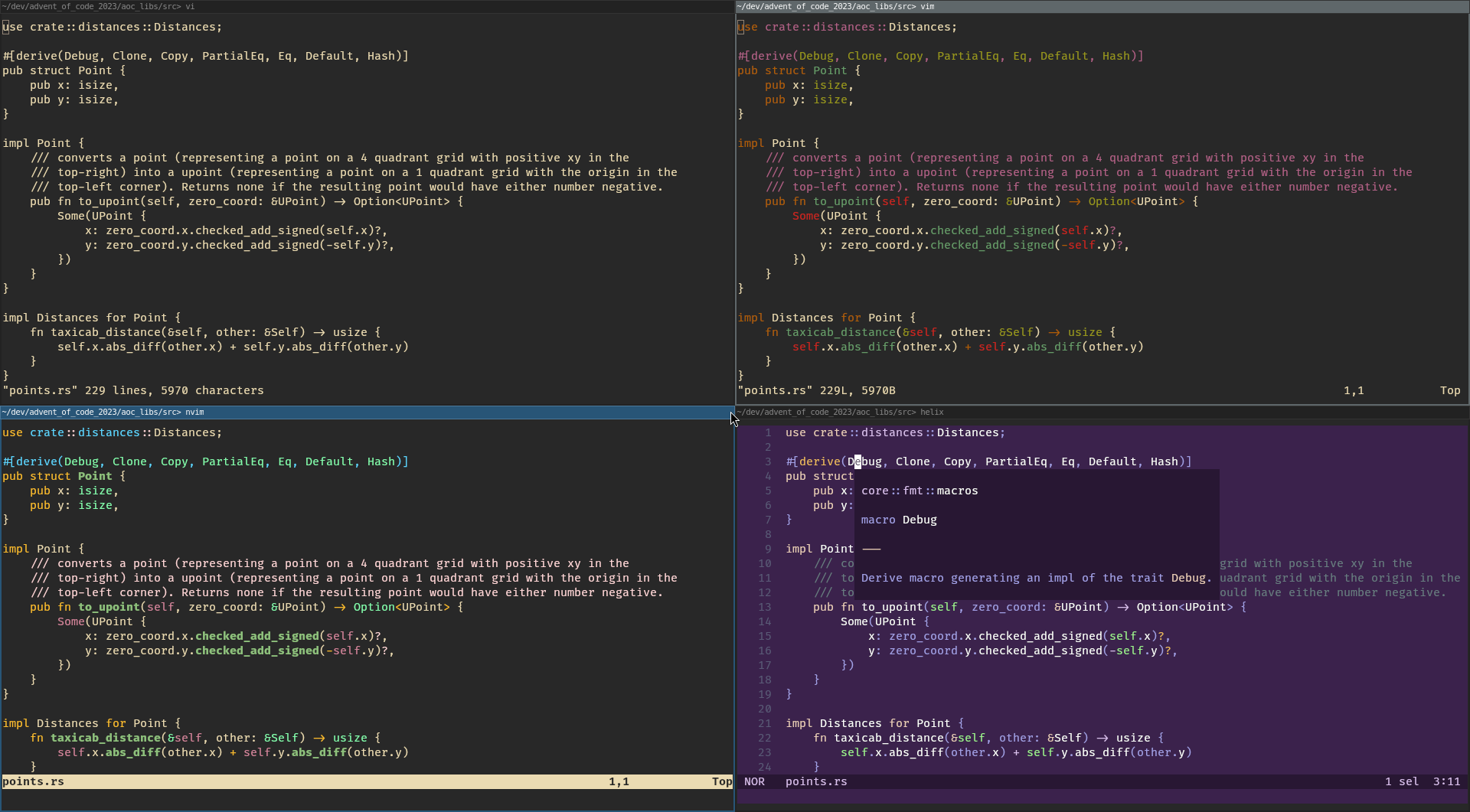 vi, vim, neovim, and helix editors in their default
configuration